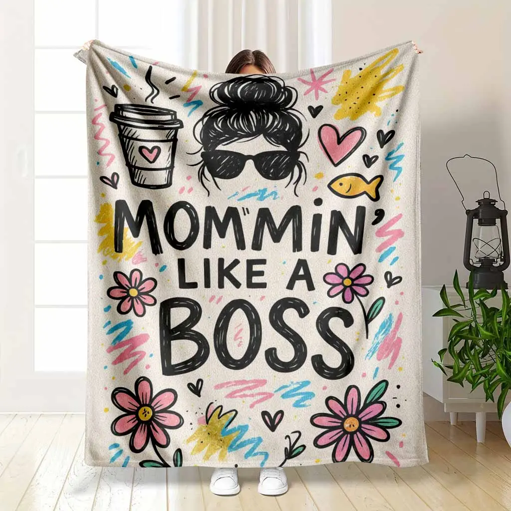 Mom Life Modern Graphic Flannel Throw Blanket - Coffee Cup Print, Multi-Size (30x40 in Option), Wrinkle Resistant, Breathable, Durable, Cozy Soft Lightweight Warm for Bedroom, Couch, Mother's Day/Birthday Gift for Moms