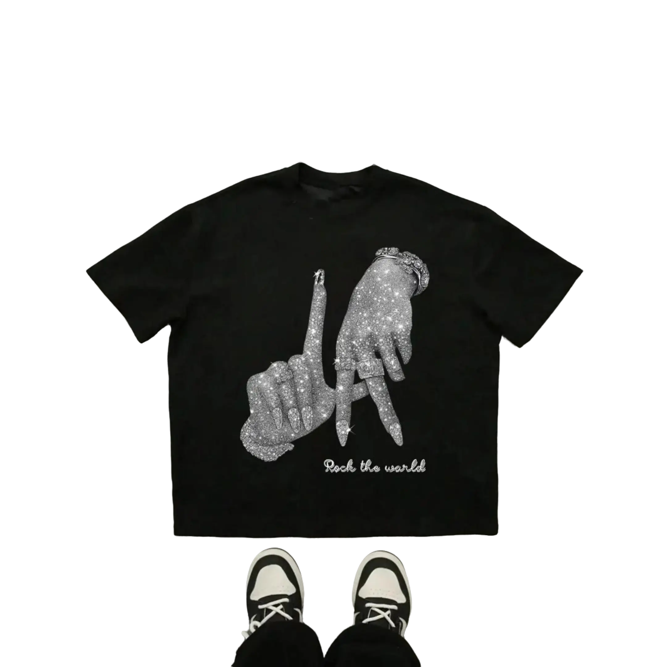 Men’s Rock The World Gesture Graphic Tee - Shiny Rhinestone Print, Boxy Heavyweight, Loose Cropped, Hip Hop Streetwear Short-Sleeve Top - Mens Graphic Tees, Rhinestone Lettering Men's Short-Sleeve T-Shirts for Summer Casual Outfits