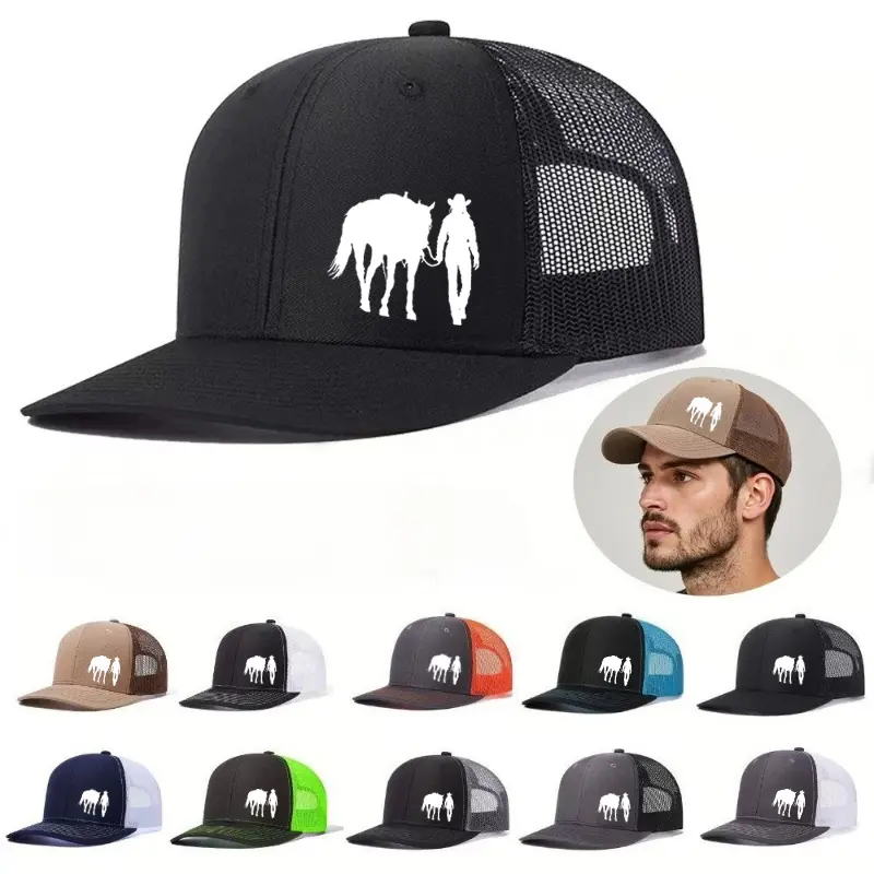 Unisex Western Horse Silhouette Graphic Trucker Hat - Breathable Polyester Mesh, Adjustable Outdoor Casual Baseball Cap, Breathable Mesh Caps, Trucker Hats, Breathable Mesh Hats, Western Elegance