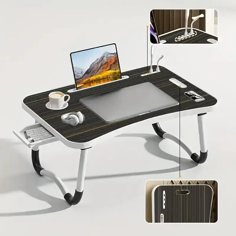 Adjustable Folding Leg Laptop Bed Table with Card Slot and Handle, Home Lazy Study Desk