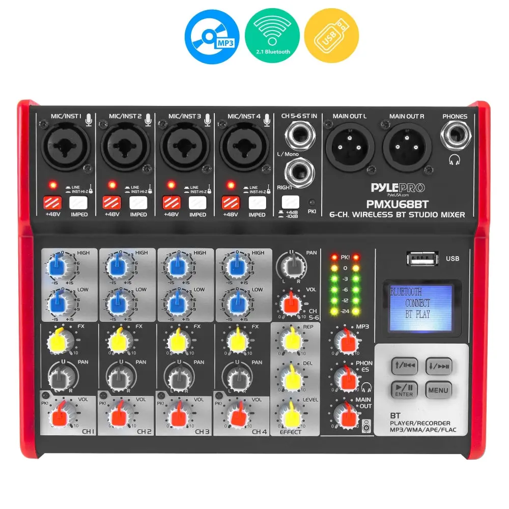 6-Channel Digital Bluetooth DJ Mixer Controller - Pro Audio Stereo Mixer with USB Port, Wireless Connection, Phantom Power, LCD Receiver, Adapter, Compatible with Guitar, Keyboard, Smartphone, Lights