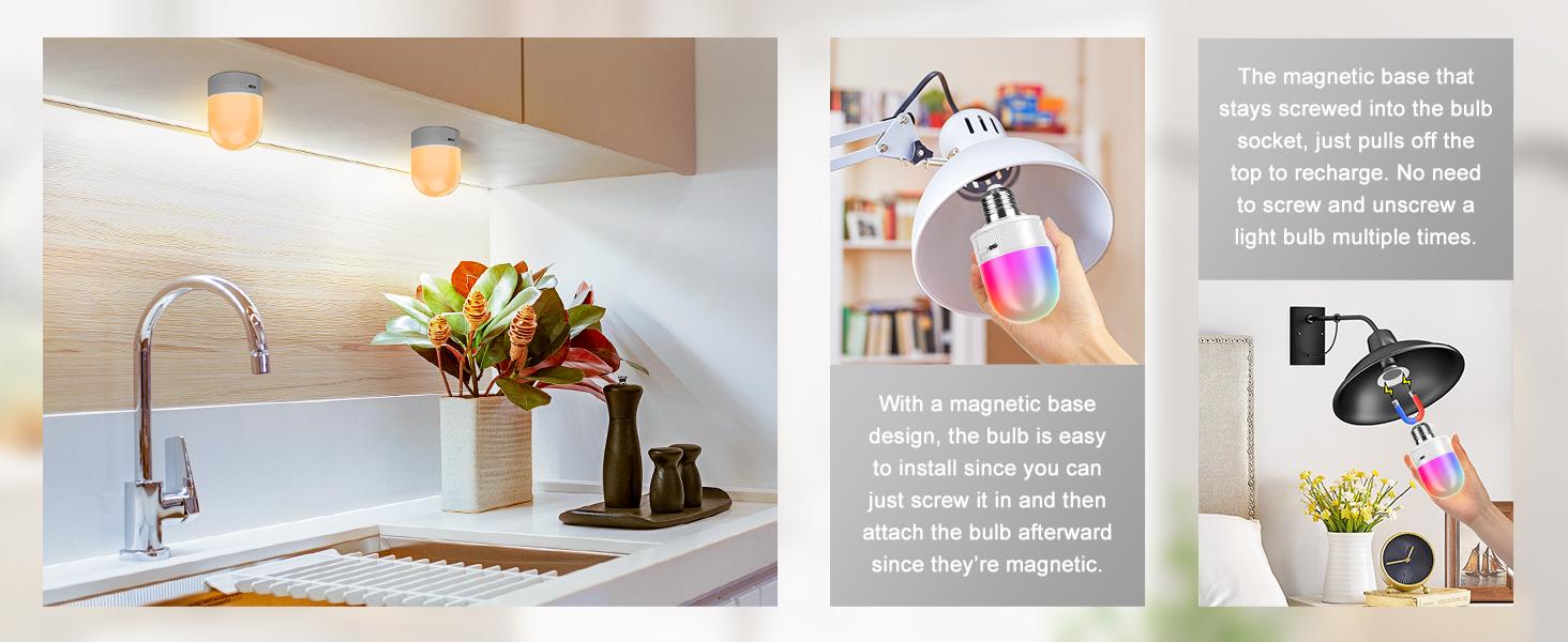 Rechargeable Emergency Light Bulbs with Remote, Magnetic Battery Powered E26 LED Bulb with Timer for Lamps/Sconces/Outdoor Camping, 3 Color Temperatures & 12 RGB Colors, Non-Hardwired Rechargeable Emergency Light Bulbs with Remote, Magnetic Battery Powered E26 LED Bulb with Timer for Lamps/Sconces/Outdoor Camping, 3 Color Temperatures & 12 RGB Colors, Non-Hardwired