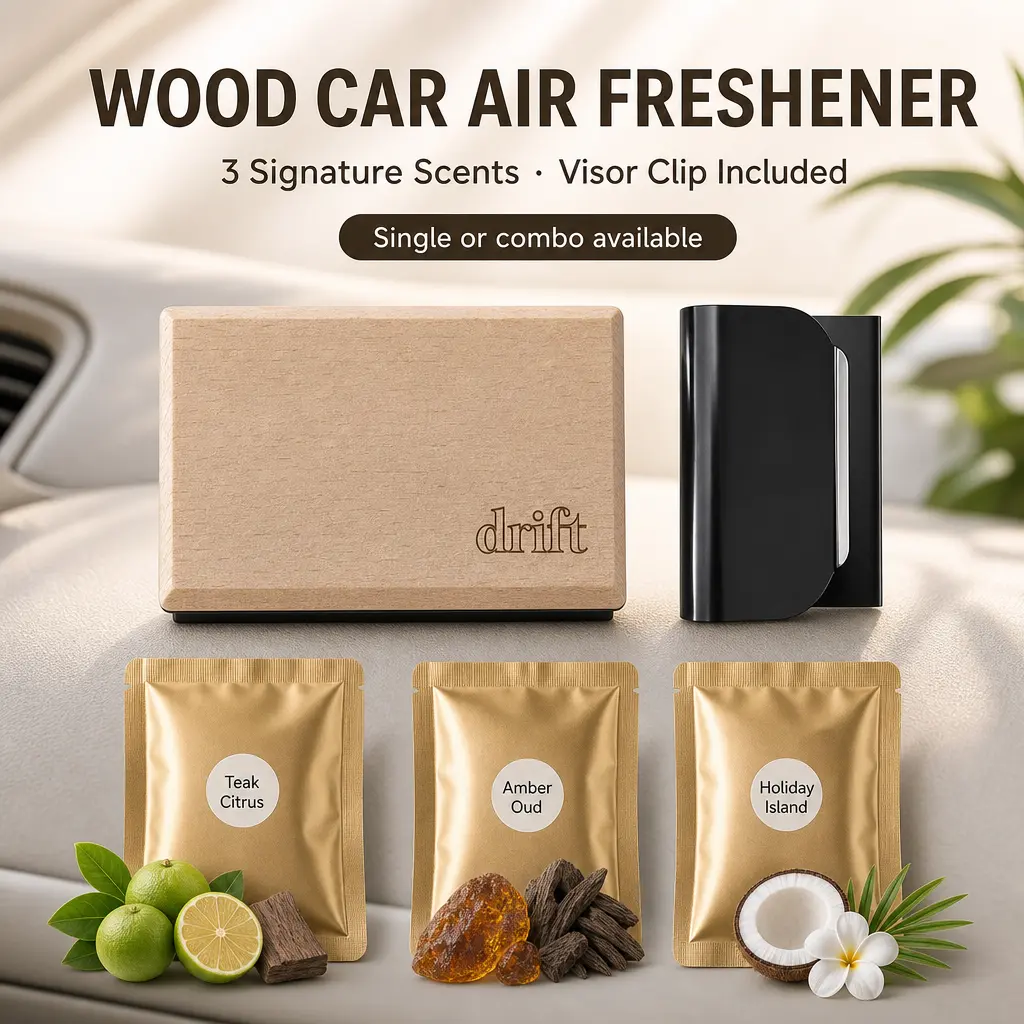 Minimalist Wood Car Air Freshener with Iron Visor Clip - 1 or 3 Pack Options, Long-Lasting Drift Scent, Automotive Interior Fragrance Accessory for Back to School Use