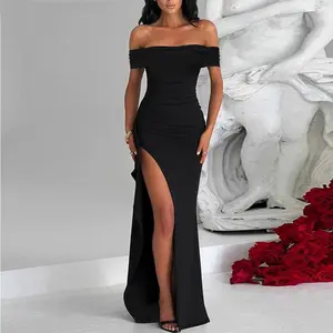Women's Elegant Bodycon Off Shoulder Sleeveless High Split Ruched Long Formal Evening Dress