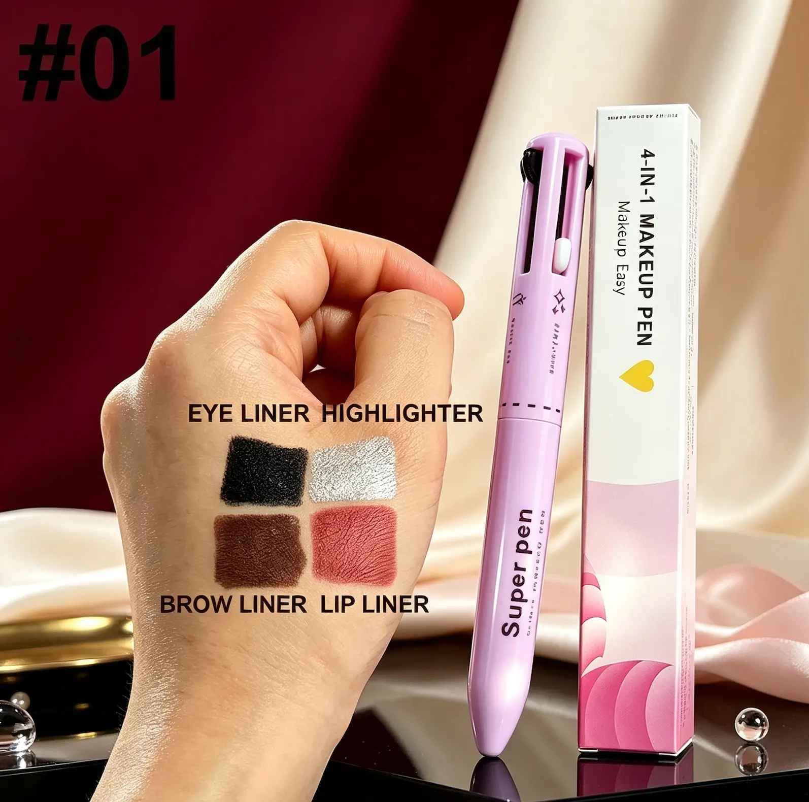 4 in 1 Multi-Function Makeup Pen, All-In-One Cosmetic Tool with Eyebrow Liner, Eyeliner, Lip Liner & Shimmer Highlighter Eyeshadow, Portable Travel Long Lasting Makeup Pen for Women Daily Touch Up