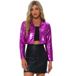 Allegra K Women's Stand Collar Metallic Zipper Cropped Party Club Long Sleeve Jackets Purple X-Small