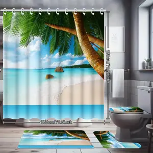 Nautical Coastal Shower Curtain Set, Ocean Beach Shell Starfish Theme, Waterproof Fabric, Includes Hooks