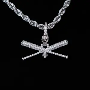 Iced Baseball Bat Clip On Pendant - 18k White Gold Plated, Life Guarantee - Perfect Gift(Chain Not Included)