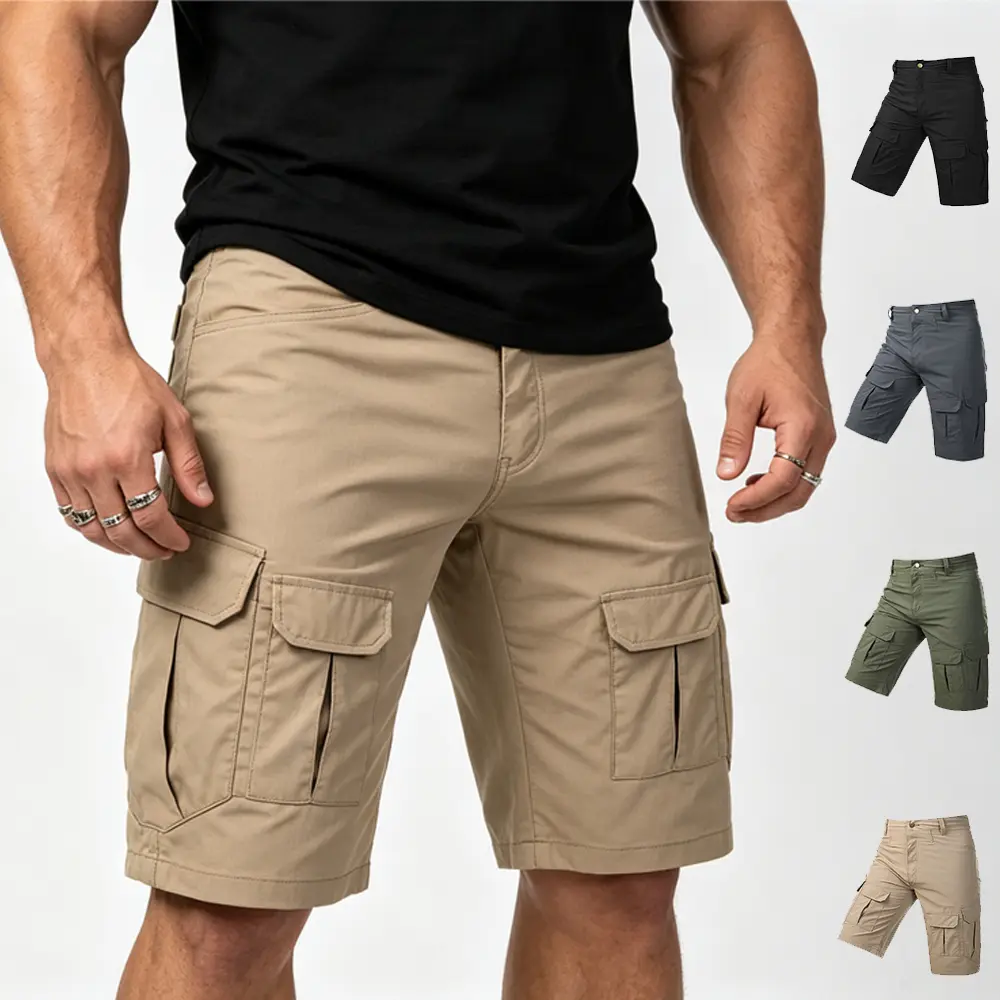 Lightweight polyester cargo shorts for men with multi-layer storage pockets, breathable design that prevents discomfort during prolonged sitting—ideal for commuting, travel, outdoor activities, and casual wear.