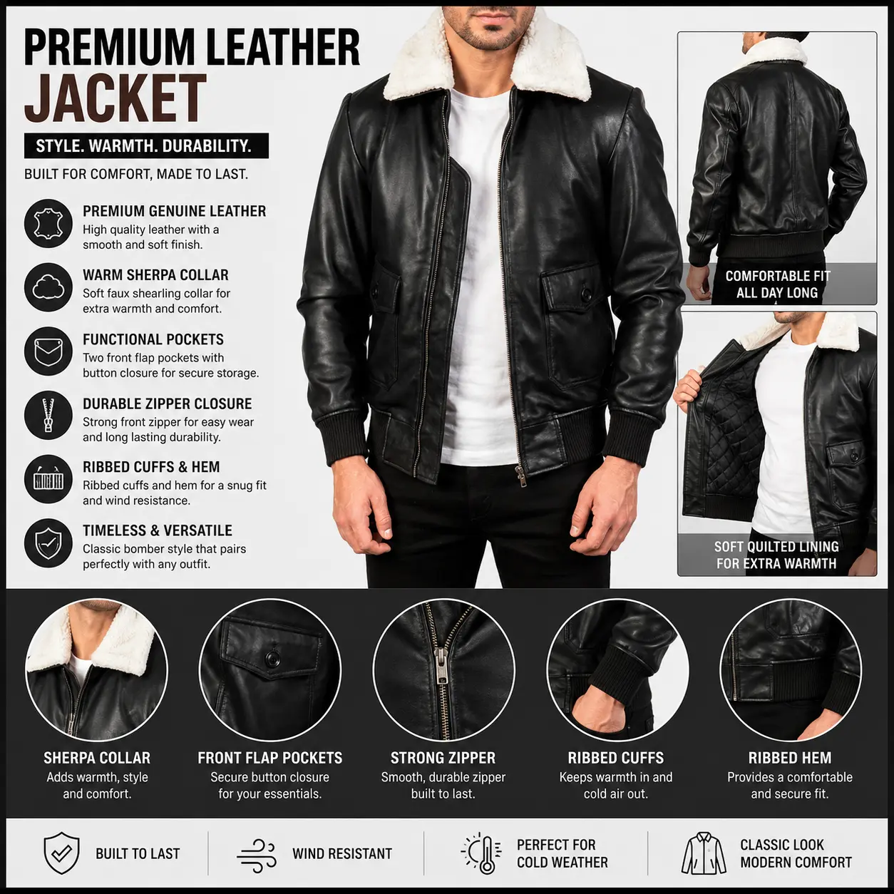 Men's Black & White Real Leather Bomber Jacket - Lightweight Menswear Outerwear