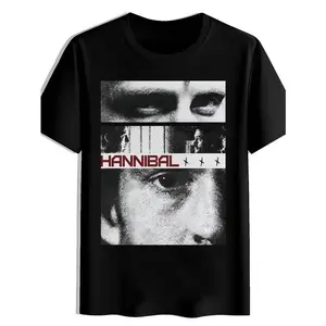 Men's 180g Cotton Hannibal TV Series Print T-shirt, Casual Menswear Round Neck Short-sleeve Tee, Black-and-White Psychological Thriller Horror Fan Fabric Shirt