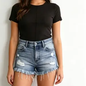 Women's Casual Summer Denim Shorts Mid Waisted Stretchy Ripped Jean Shorts with Pockets Womenswear Bottom
