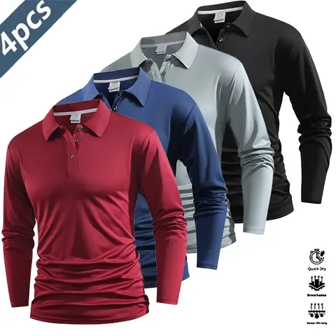 Men's 4-Piece Casual Polyester Athletic Polo Set - Long-Sleeve Colorblock Collar/Cuffs, 2026 Printed Design, Lightweight, Breathable, Fast-Dry Fabric, All Seasons, Complete Wardrobe Addition for Golf, Tennis,sohochic