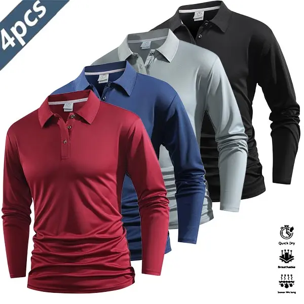 Four-piece men’s casual set featuring a long-sleeve quick-dry polo shirt for golf and tennis; comfortable cycling apparel with stylish color-block design at the collar and cuffs. New 2026 printed polo shirt design.
