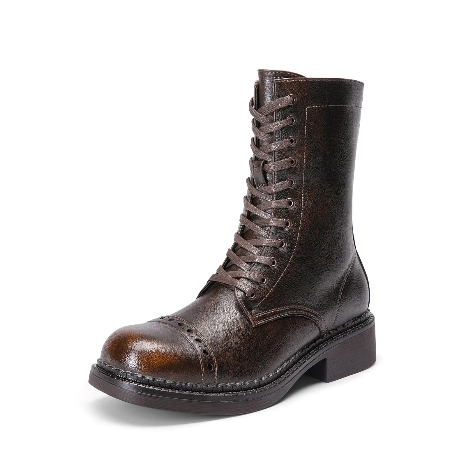 Dream Pairs Women's Retro Motor-Inspired Combat Boots - Vintage Mid-Calf Statement Shoes with Square Toe, 1.57" Chunky Heel, Side Zipper, Laces, Outdoor Footwear, Walking Shoes, Alternative Style, Soft, Outdoors, Party, Comfortable Heels, Casual, Military