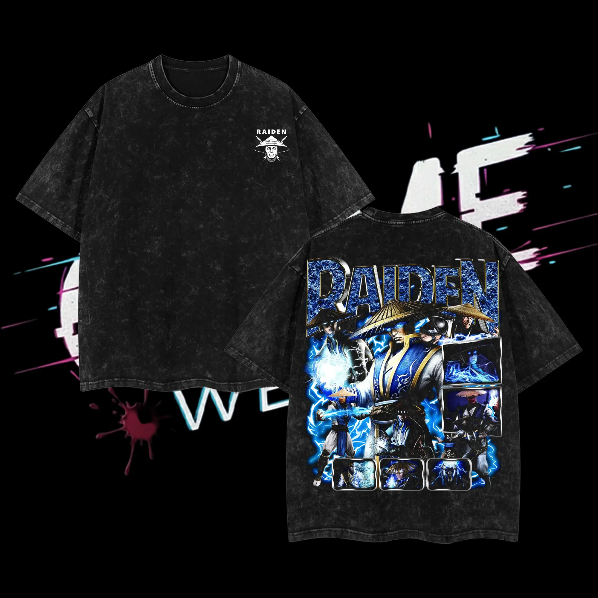 Raiden Mortal kombat Double Printed Oversize Lightweight Acid Washed Tee Game Graphic T-Shirt for Men Casual Day Wear Cotton Fabric - Jeans Vintage Gaming Retro Black Tee Oversized Heavyweight Cotton T-Shirts Love Menswear