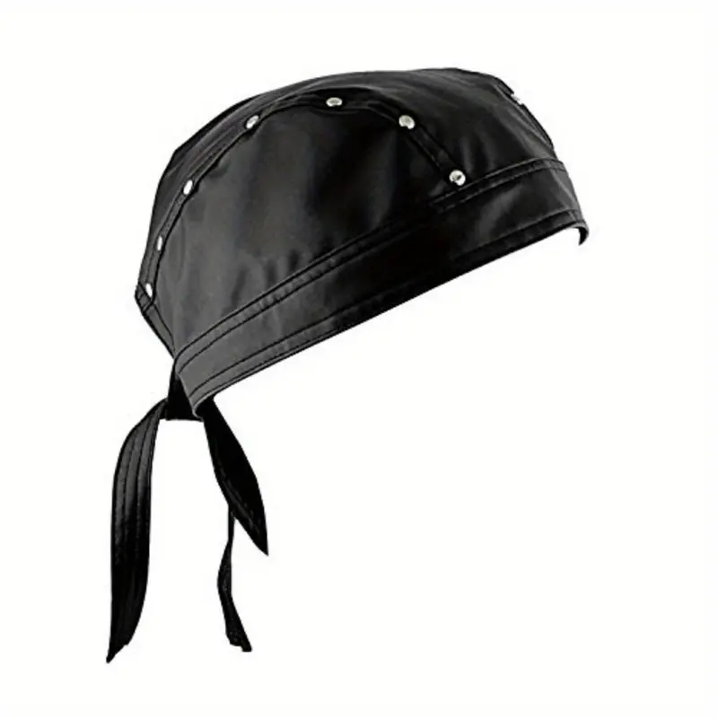One-Size Black Leather Bandana for Men with White Studs - Biker Doo Do Rag Headwrap, 100% Genuine Leather, Woven Style, Perfect for Parties jungkook  hat scarf head wrap