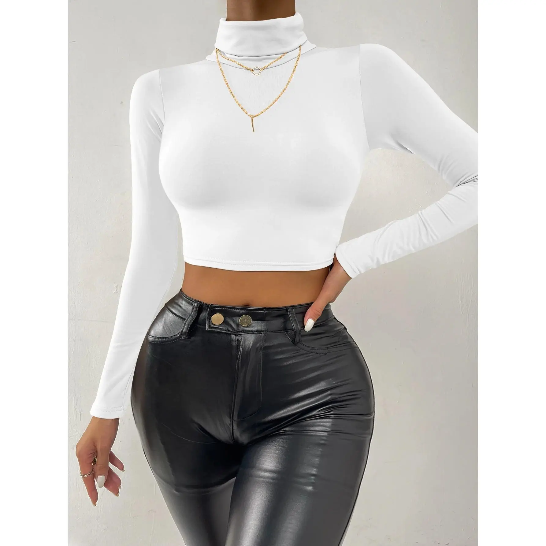 Sexy Long Sleeve Corset Top Women Turtleneck Slim Short T-shirt Fashion Woman Blouse 2024