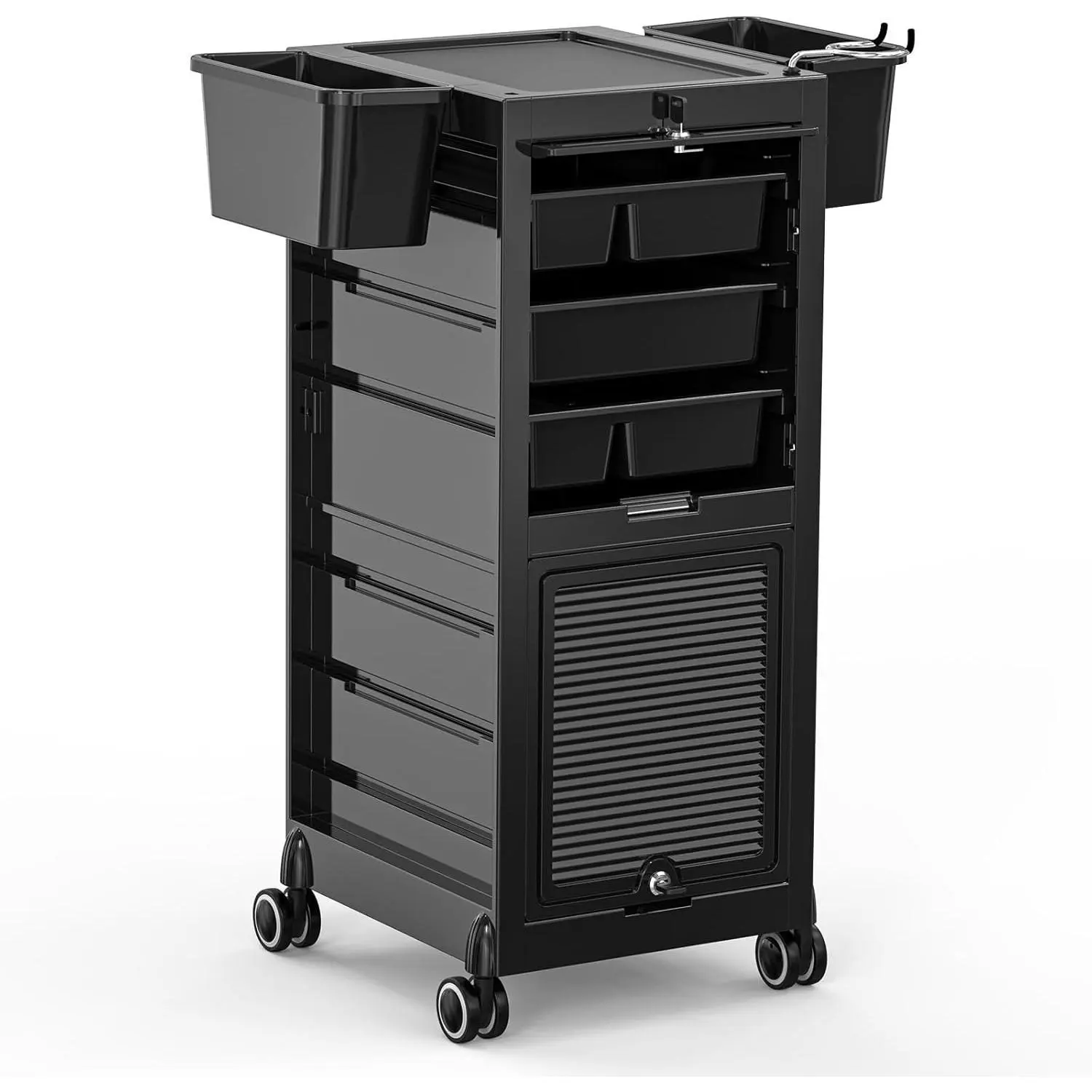 OmySalon Sturdy Commercial Salon Trolley Cart - 2-Lockable-Door Hair Stylist Station with Rolling Wheels, 4+2 Compartments, Drawers, Adjustable Bucket & Dryer Holder for Barber Shop (with Wheel)