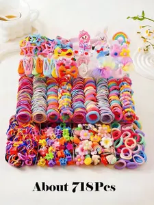 718pieces/sets-Sweet Girls Hair Accessory Kit - Hair Accessories Sets, Assorted Cartoon & Rainbow Hair Clips, Elastic Hair Ties, Gentle on Toddler Scalps, Ideal for Daily Wear, Birthdays, Festivals and Special Occasion Gifts.
