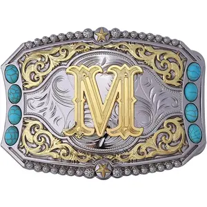 Turquoise Belt Buckle Western Cowboy Rodeo Initial Letters ABCDEFG to Z Belt Buckle for Men
