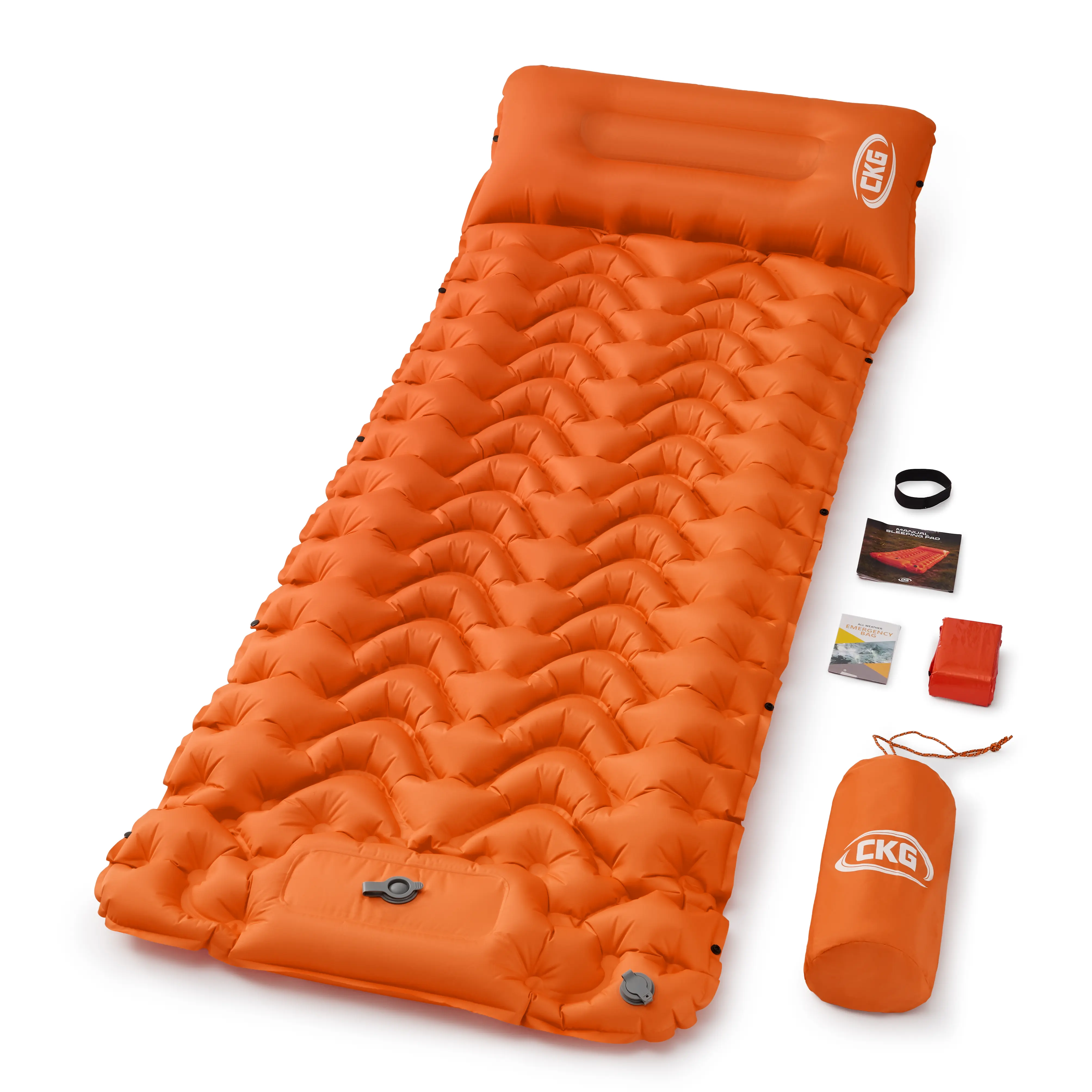 CKG Camping Sleeping Pad with Thermal Barrier, Ultralight Camping Mat 4in Thick with Pillow, Built-in Foot Pump Self Inflating, Orange
