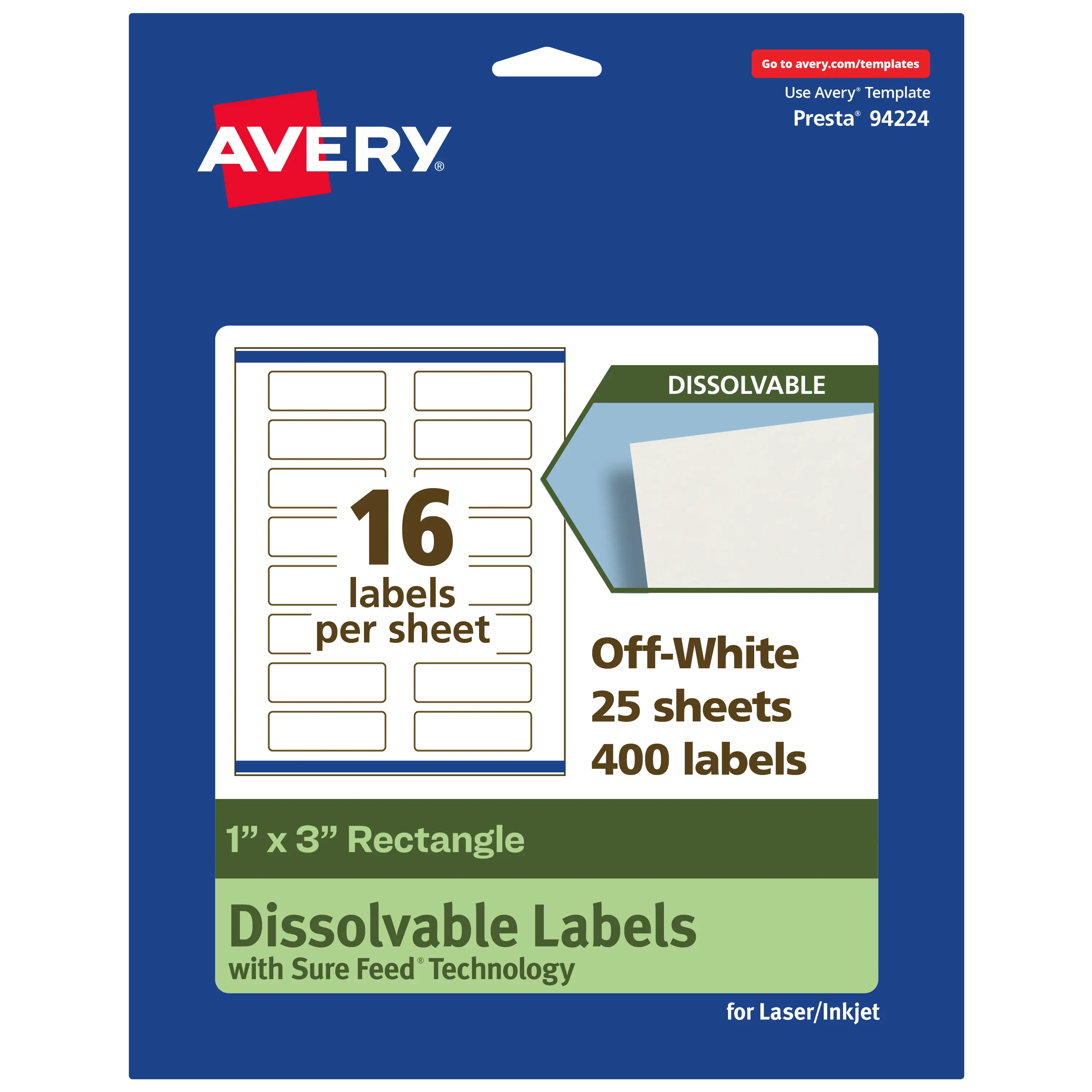 Avery Dissolvable Labels, 1" x 3" Rectangle