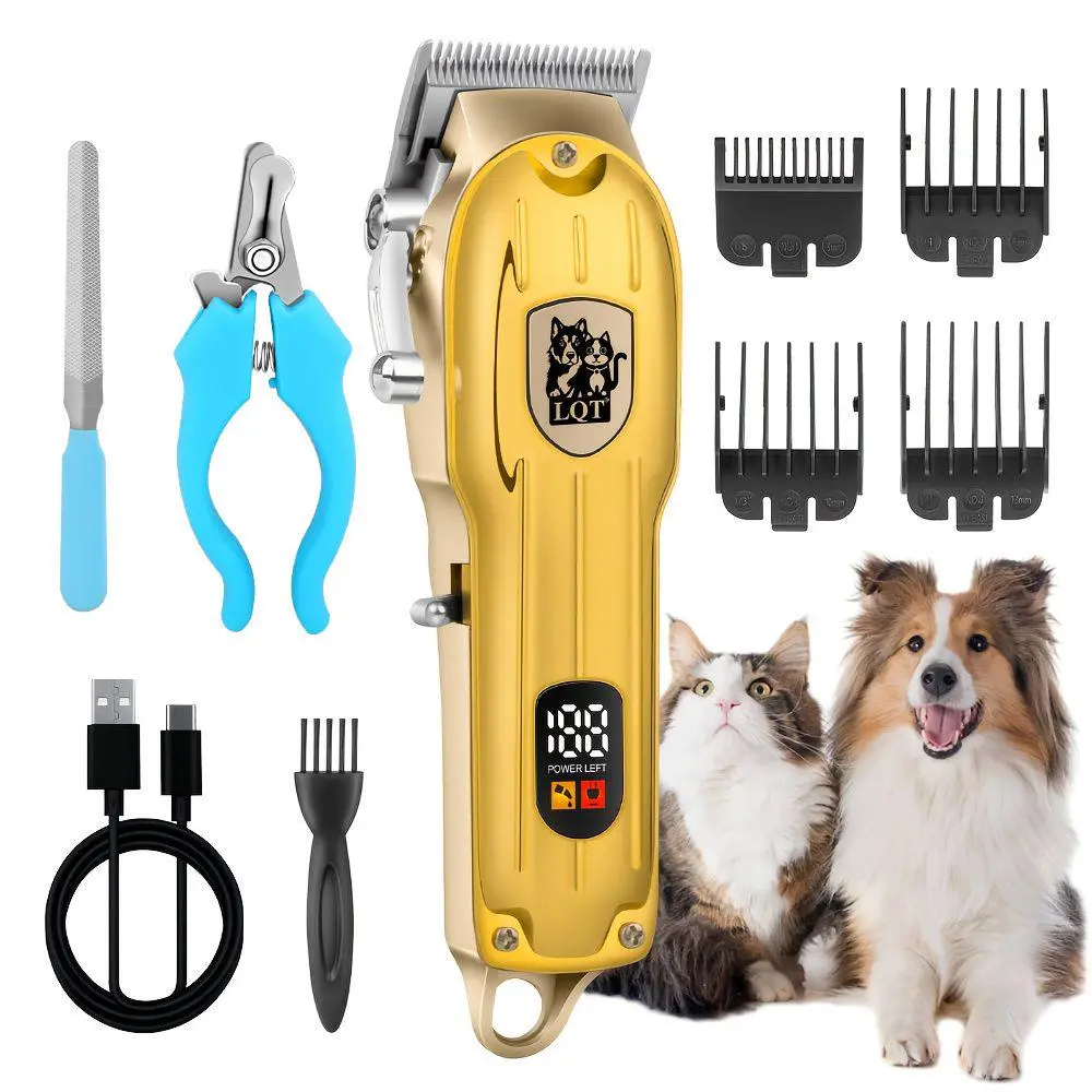 LQT Gold Metal Pet Grooming Clipper Kit, USB Rechargeable Low Noise Dog & Cat Hair Trimmer with LCD Display, Complete Set with Nail Clippers & 4 Size Guide Combs