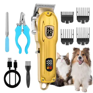 LQT Gold Metal Pet Grooming Clipper Kit, USB Rechargeable Low Noise Dog & Cat Hair Trimmer with LCD Display, Complete Set with Nail Clippers & 4 Size Guide Combs