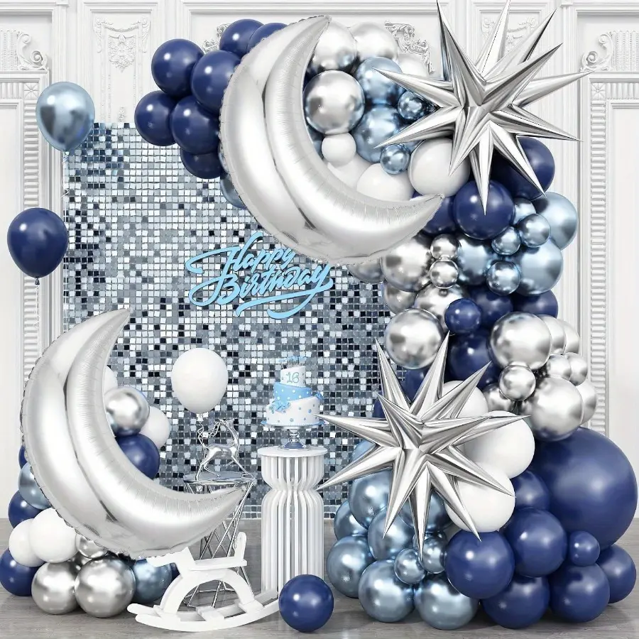 98-Piece Round Birthday Arched Decor Set - Silver, Blue, White Latex, Moon, Explosion Star Aluminum Film Pieces for Birthday, Wedding Celebrations, Room Decor