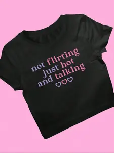 Women's Heart & Letter Print Crop Tee, Fashion Casual Crew Neck T-shirt for Daily Holiday Vacation Outdoor Wear, Ladies Clothes for Summer