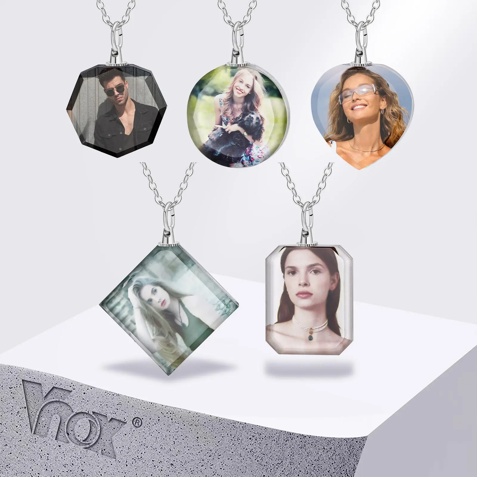 Vnox Custom Po Picture Necklaces for Women Men, Personalize Two Sides Image Pendant, Crystal Heart Coin Collar Memorial Gift