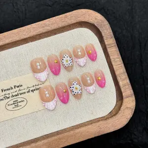 10pcs Handmade Short Almond Nails, Pretty False Nails, Coral French Shell Pattern, Glossy Finish, Suitable for Women