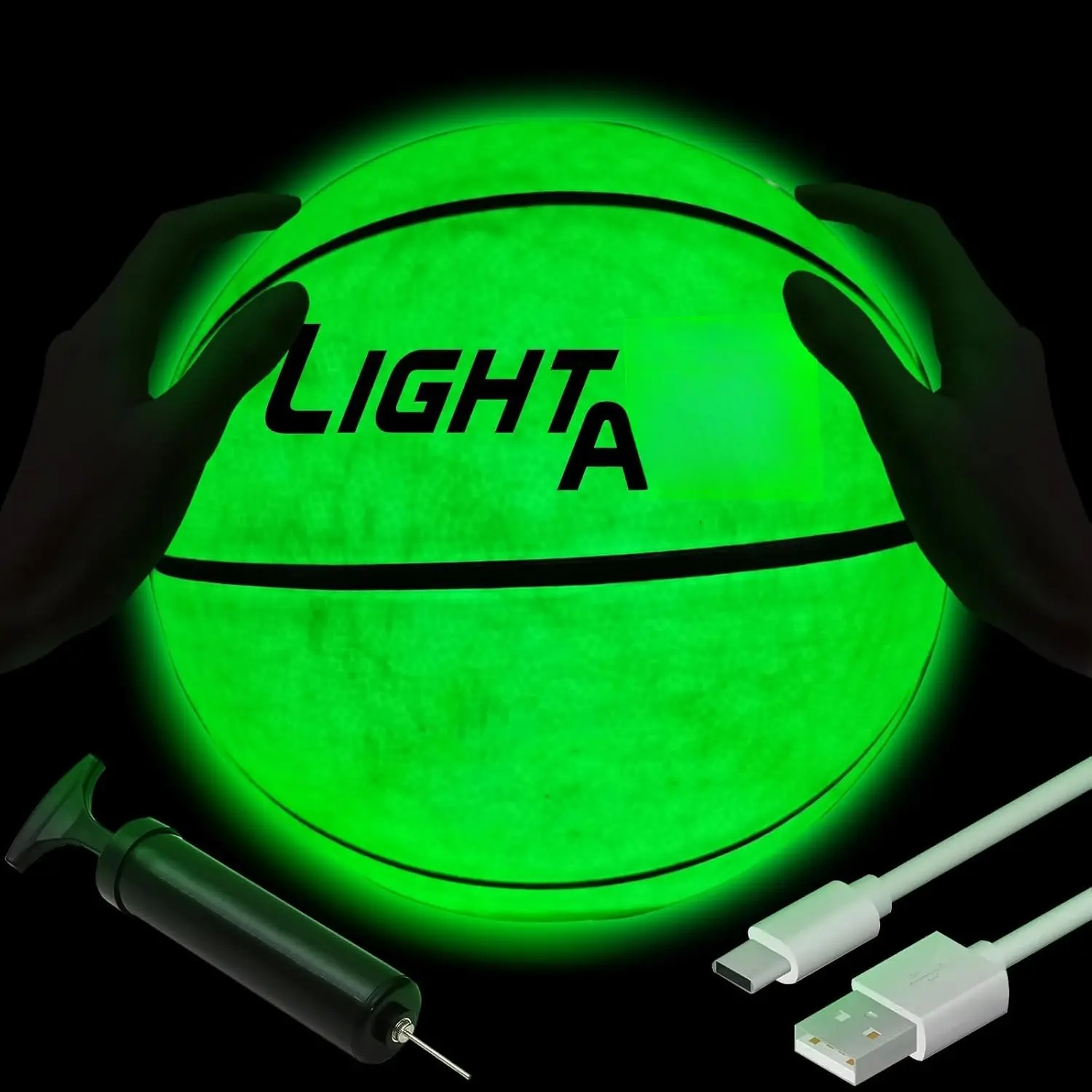 Glow in the Dark LED Official Size 7 (29.5") Basketball for Teen Boys and Girls, Christmas Green EPDM Easy-to-Grip Surface, Impact Activated, USB-C Rechargeable, Includes Pump, Drawstring Backpack, Inflation Tool, 2 USB-C Cables, Auto Shut-Off