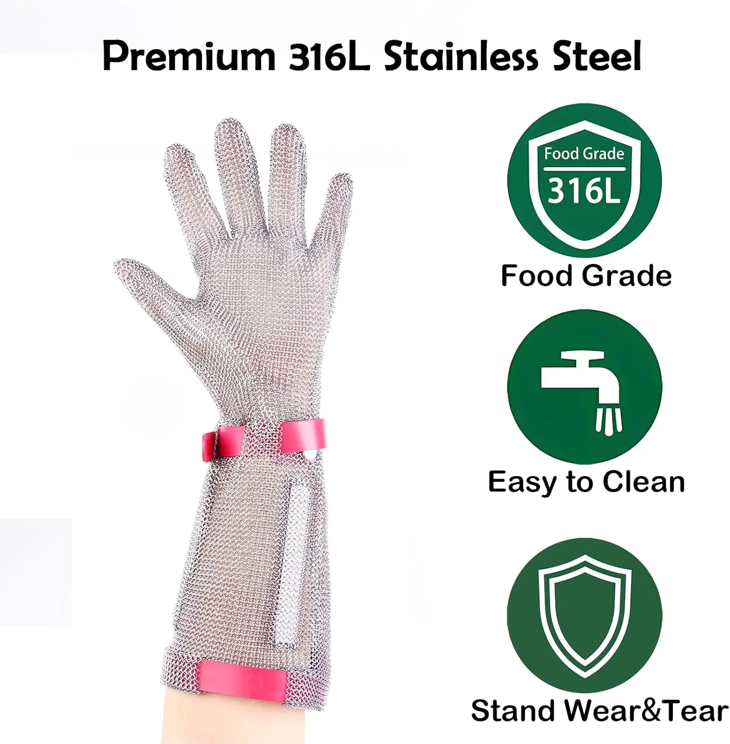 15cm Long Chainmail Glove for Butcher, Stainless Steel Mesh Gloves Highest Level Cut Resistant Glove with Plastic Strap (S)
