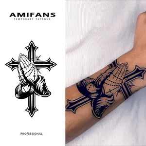 AMIFANS Temporary Tattoo Praying Hands & Cross, Semi Permanent Tattoo, Lasting 1-2 Weeks Tattoo, Long Lasting Tattoo, Juice Tattoo, Realistic Tattoo, Sticker Tattoos, Fake Tattoo, Waterproof, Authentic Tattoo Look, Niche Design Tattoo, Fruit Tattoo