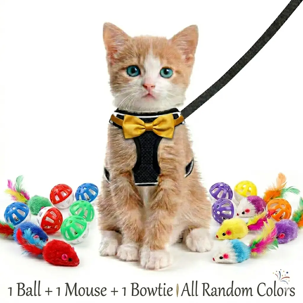Escape Proof Cat Harness & Leash with 3PCS Cat Accessory & Toy Set, Adjustable Reflective Soft Mesh Vest, Includes Plush Mouse, Ball & Bow Tie Collar