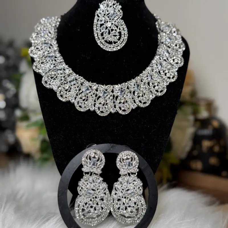 Elegant Flat Silver Rhinestone Choker Earrings & Tikka Set for Women's Any Event Wear Sparkling Jewelry