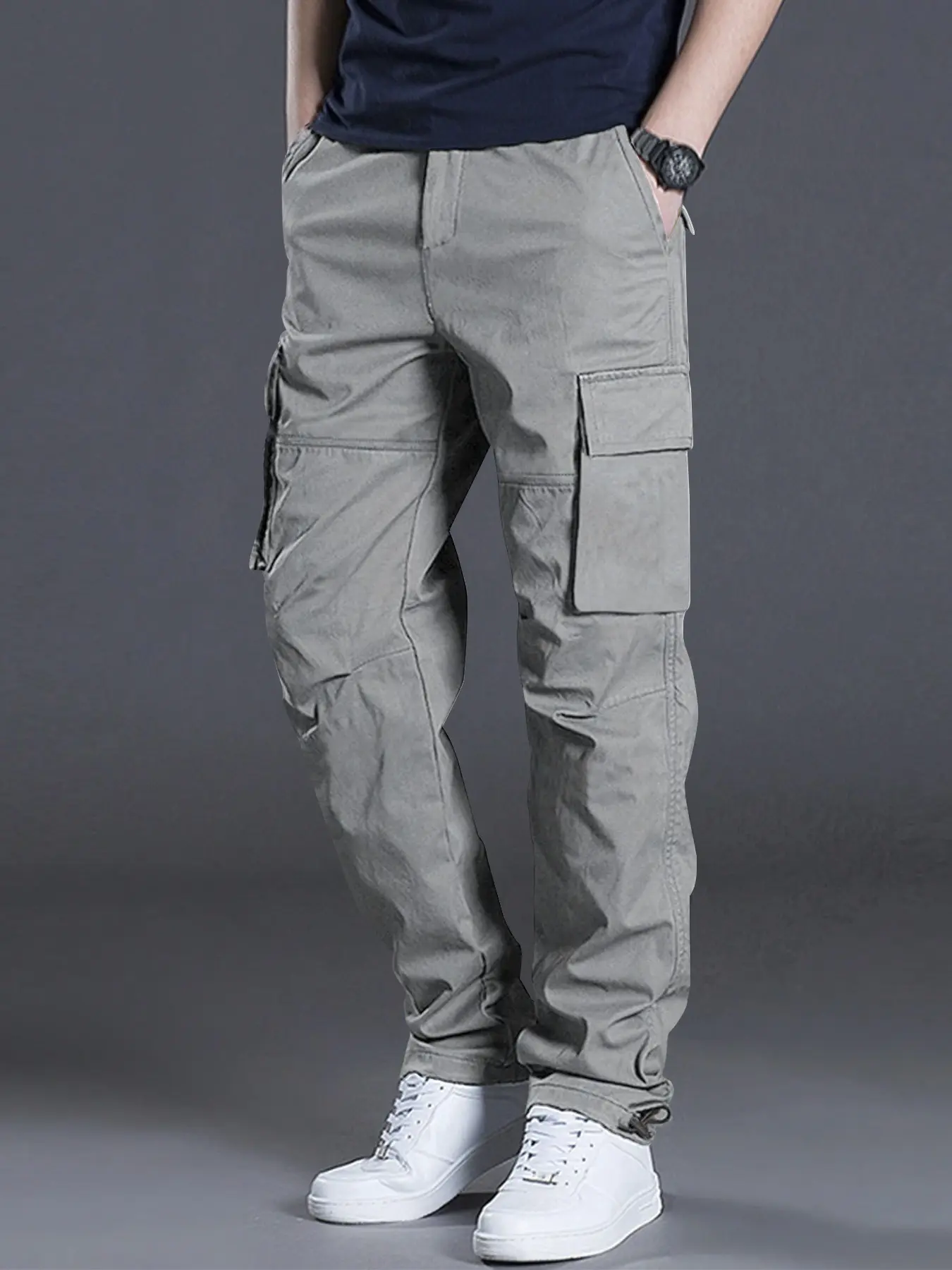 Men's Solid Multi-pocket Casual Fitted Pockets Slant Pocket Cargo Pants, Street Fashion Casual Straight Leg Loose Jogger Pants for Outdoor Work, Men's Trousers for Fall & Winter, Casual Comfy Trouser, Menswear, Autumn Casual Pants