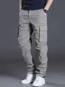 Men's Solid Multi-pocket Cargo Pants, Street Fashion Casual Straight Leg Loose Jogger Pants for Outdoor Work, Men's Trousers for Fall & Winter, Menswear