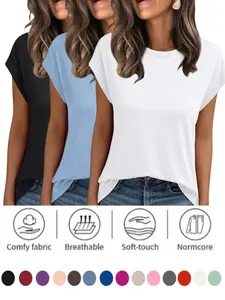 2026 Women's Cap Sleeve Tops for Summer - Soft Stretchy Basic Versatile Shirts for Office Casual Date Everyday Wear