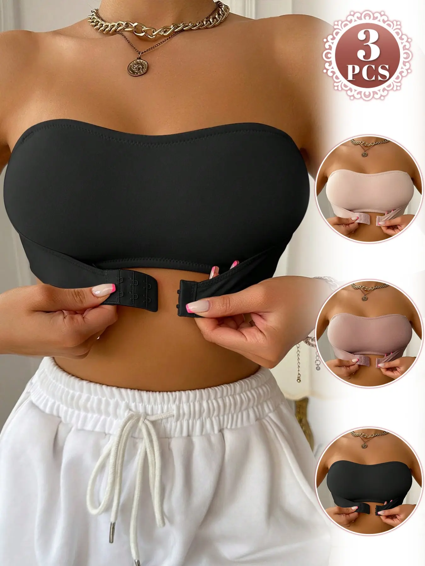 3PCS Women's Seamless Smooth Chic Bandeau, bralettes Double Front Closure, Multiway Invisible Anti-Slip Strapless Minimizer Bra, Comfortable Breathable Daily Wear off-shoulder Dresses Underwear