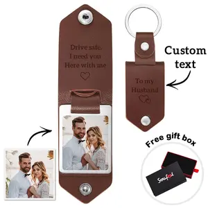 Custom Leather Photo Text Key Chain DIY with Engraved Text Keychain Accessories Men Best Gift for Boys/Father