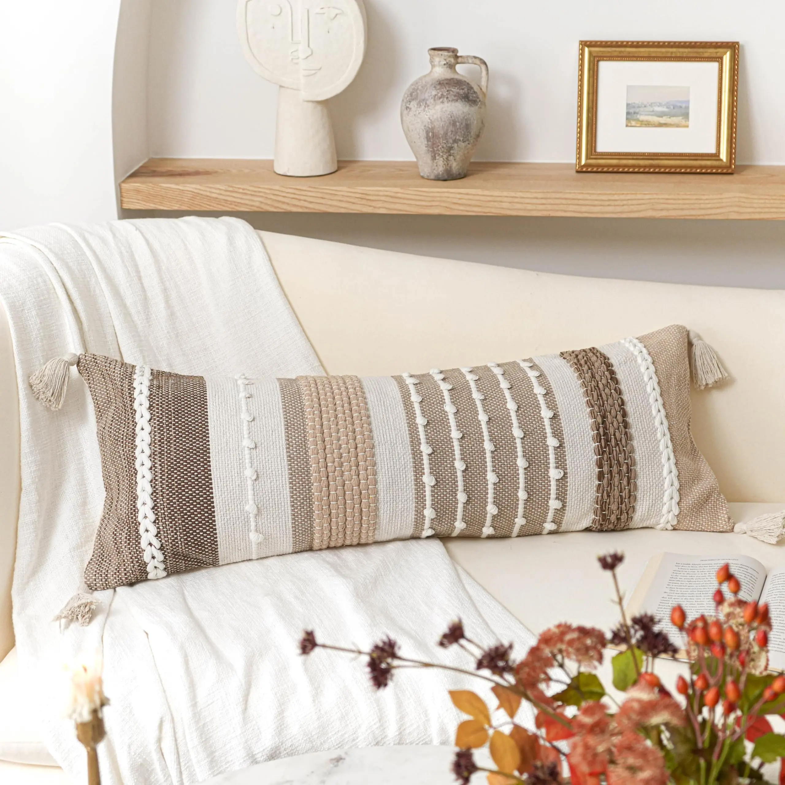 BlissBlush Boho Woven Tassel Pillow Cover 14x36 – Textured Long Throw Cover for Bed & Bedroom