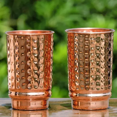 Stylish Pure Copper Drinking Cups - Ayurvedic 2-Piece 400ml Traveller's Tumblers, Hygienic Hydrating Kitchenware Drinkware for Home & Restaurants, Lemon-Ready Metal Cups