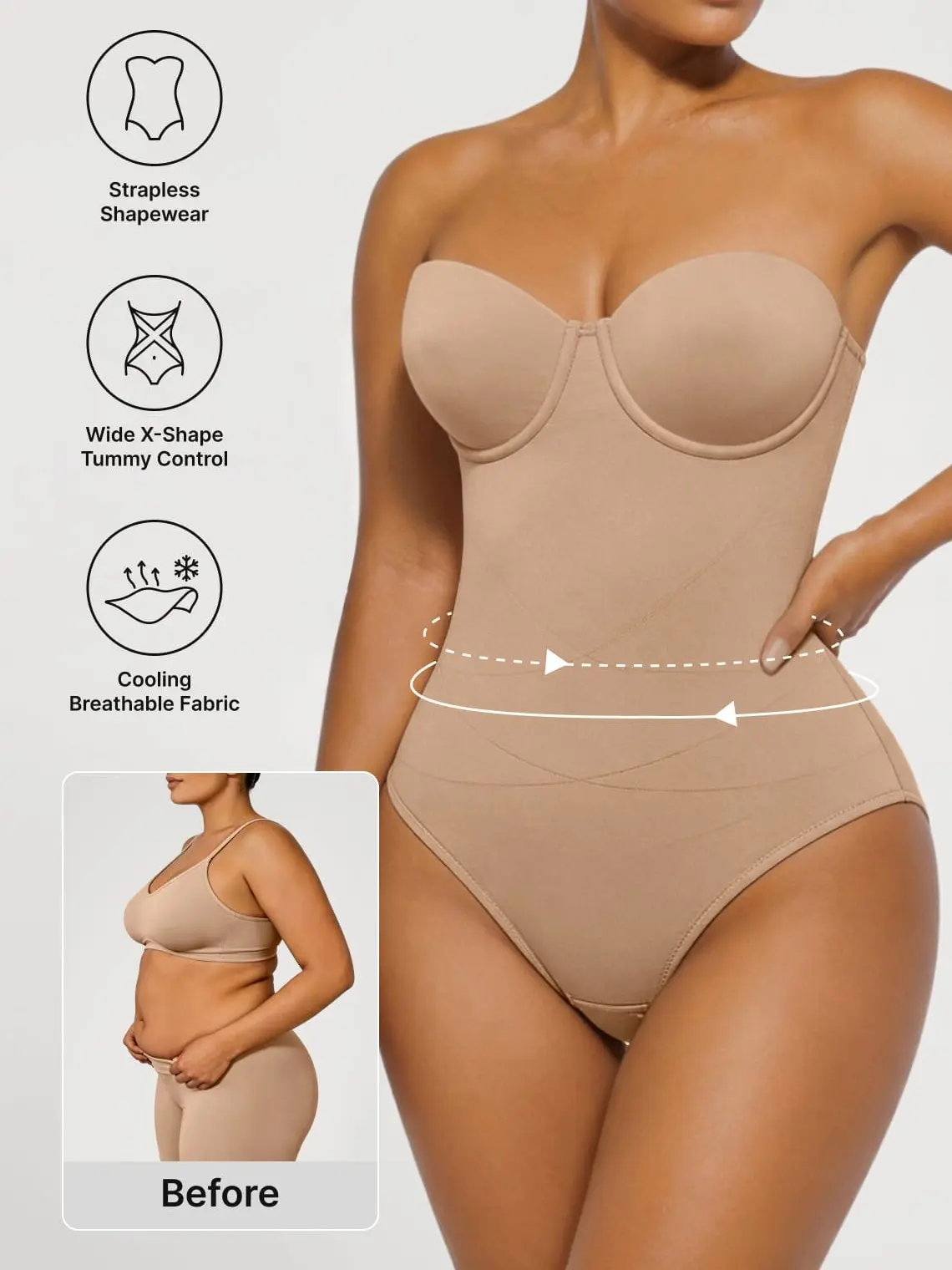 Azazie Women's X-Shape Tummy Control Bodysuit with Detachable Straps, Seamless High Compression Shapewear