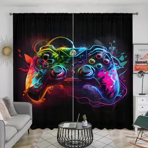 Game Controller Pattern Curtain, 2 Counts/set Gamepad Printed Curtain, Window Blocking Curtain for Home Living Room Bedroom Study Room