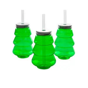 Christmas Tree Reusable BPA-Free Plastic Cups with Lids & Straws - 5 1/2" 18 oz., 12 count