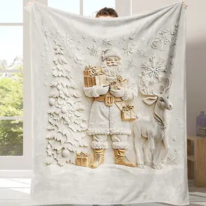 Christmas Santa Claus 3D Vision Blanket, Flannel Soft Plush Throw, Warm Comfortable Sofa Bed Cover, Home Office Travel Camping Gift, Flannel Cozy Blanket