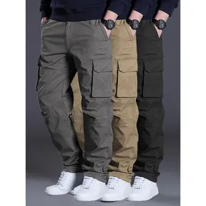 Men's Black Polyester Casual Joggers - Mid Waist, Plain, 3-Dimensional Utility Pockets, Regular Fit, All-Season Tactical Straight-Leg Work Pants, Standard Sizes, Suitable for Daily Work, Outdoor Sports